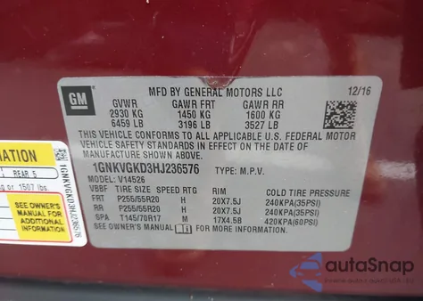 2017 Chevrolet Traverse 1Lt from USA, damaged, VIN 1GNKVGKD3HJ236576